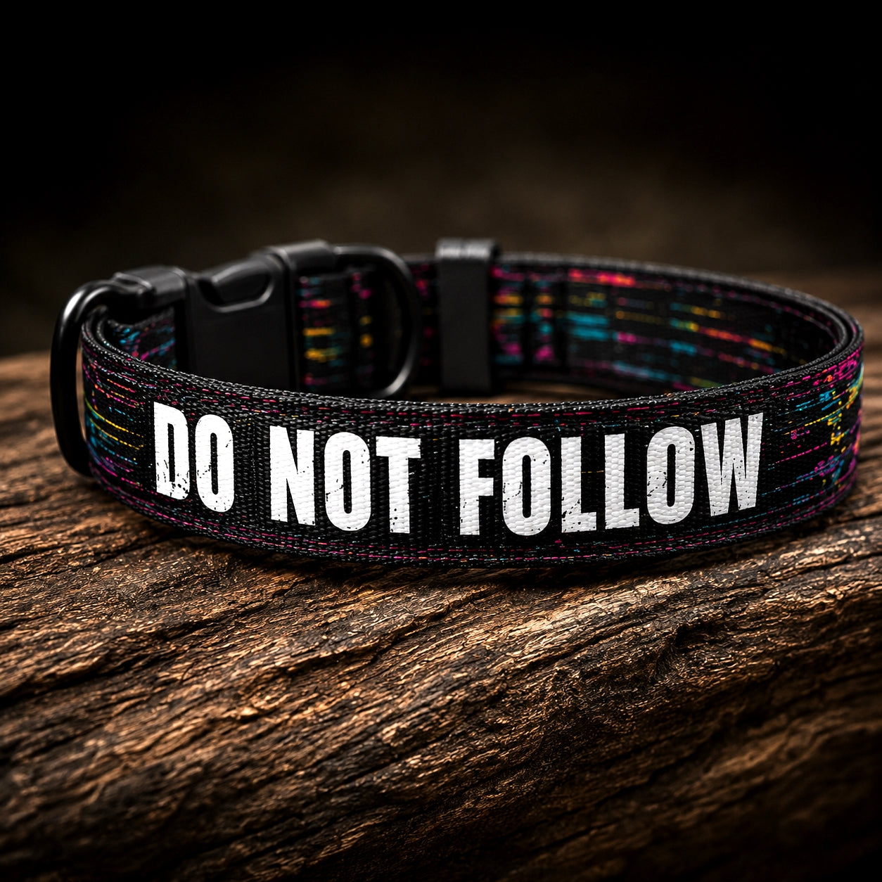 Dog collar with 'DO NOT FOLLOW' text on a wooden surface
