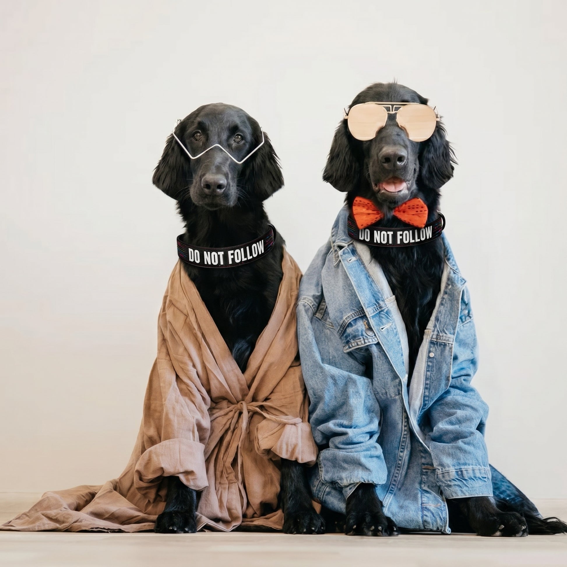 Two dogs wearing stylish outfits with text and accessories on a plain background