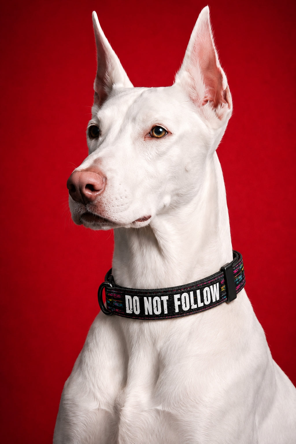 White dog wearing a collar with 'DO NOT FOLLOW' text on a red background