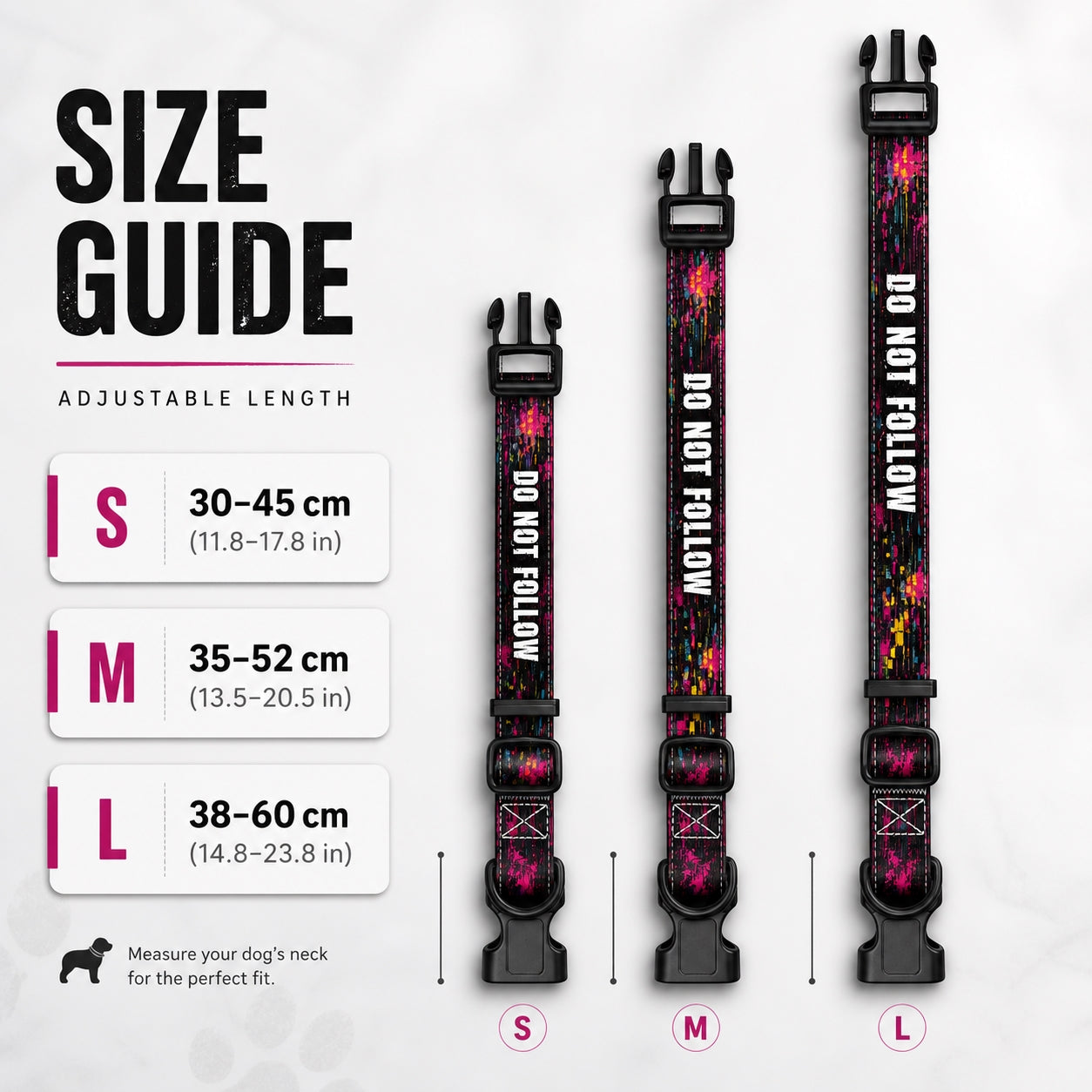 Size guide for a dog collar with adjustable length measurements on a white background.