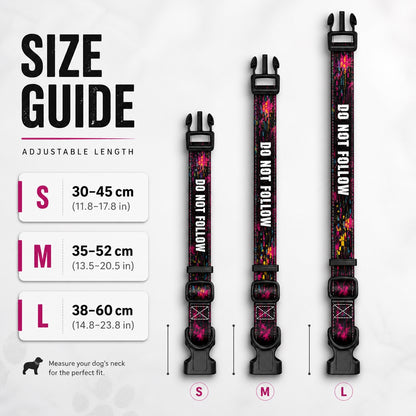 Size guide for a dog collar with adjustable length measurements on a white background.