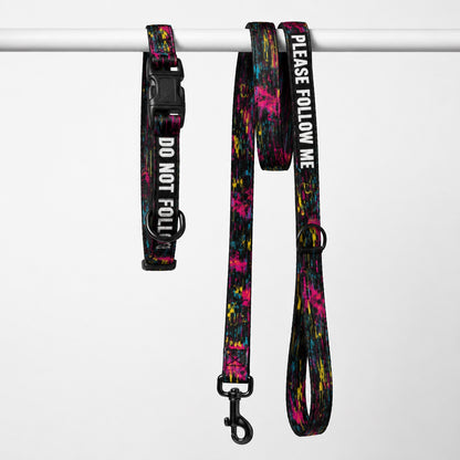 Dog collar and leash set with colorful splatter design and text on a white background