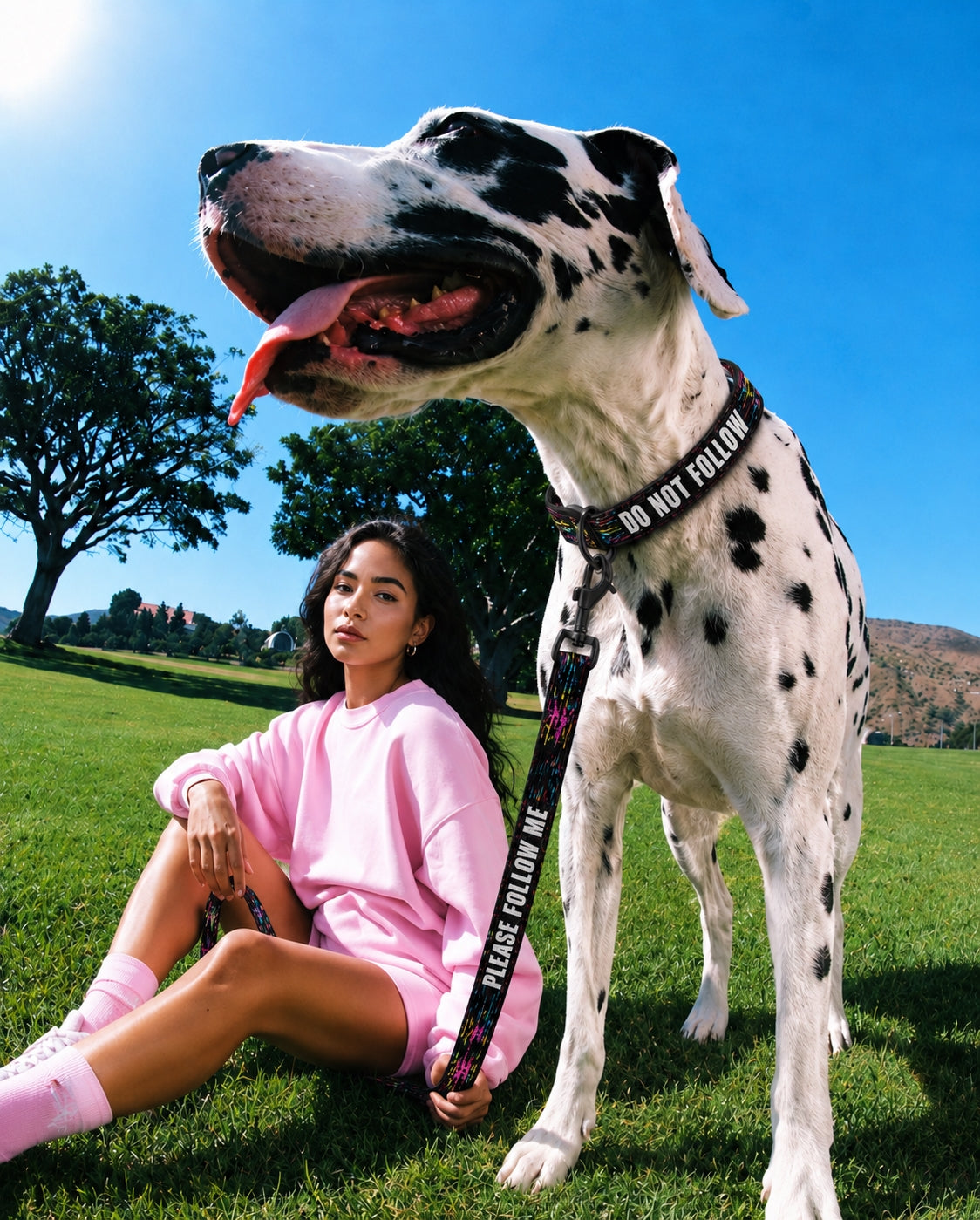 Woman in pink outfit sitting on grass with a large Dalmatian dog wearing a 'Do Not Follow' leash.
