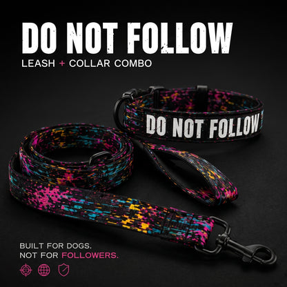 Dog leash and collar combo with 'Do Not Follow' text on a black background