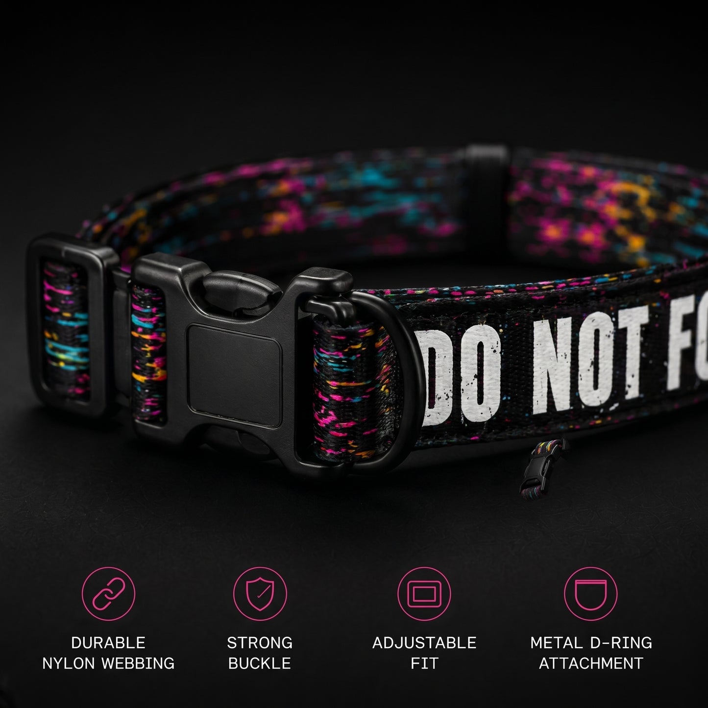 Dog collar with colorful pattern and 'DO NOT F' text on a black background