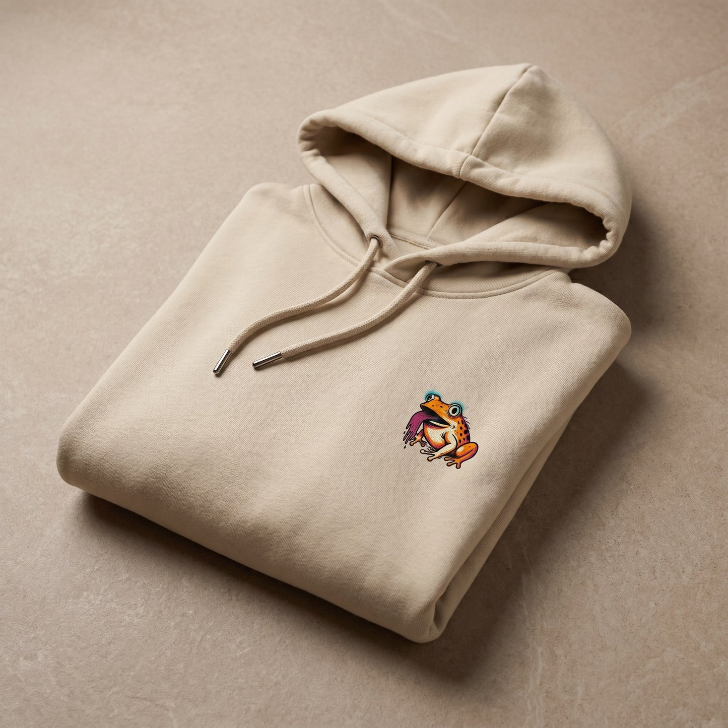 Beige hoodie with a colorful logo on a beige background
