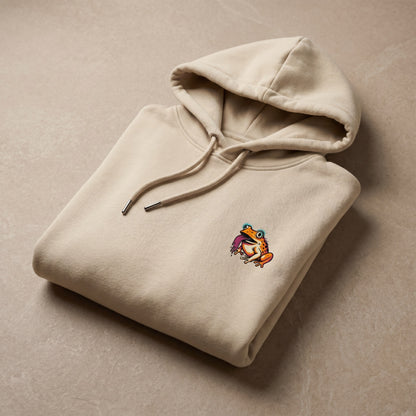 Beige hoodie with a colorful logo on a beige background