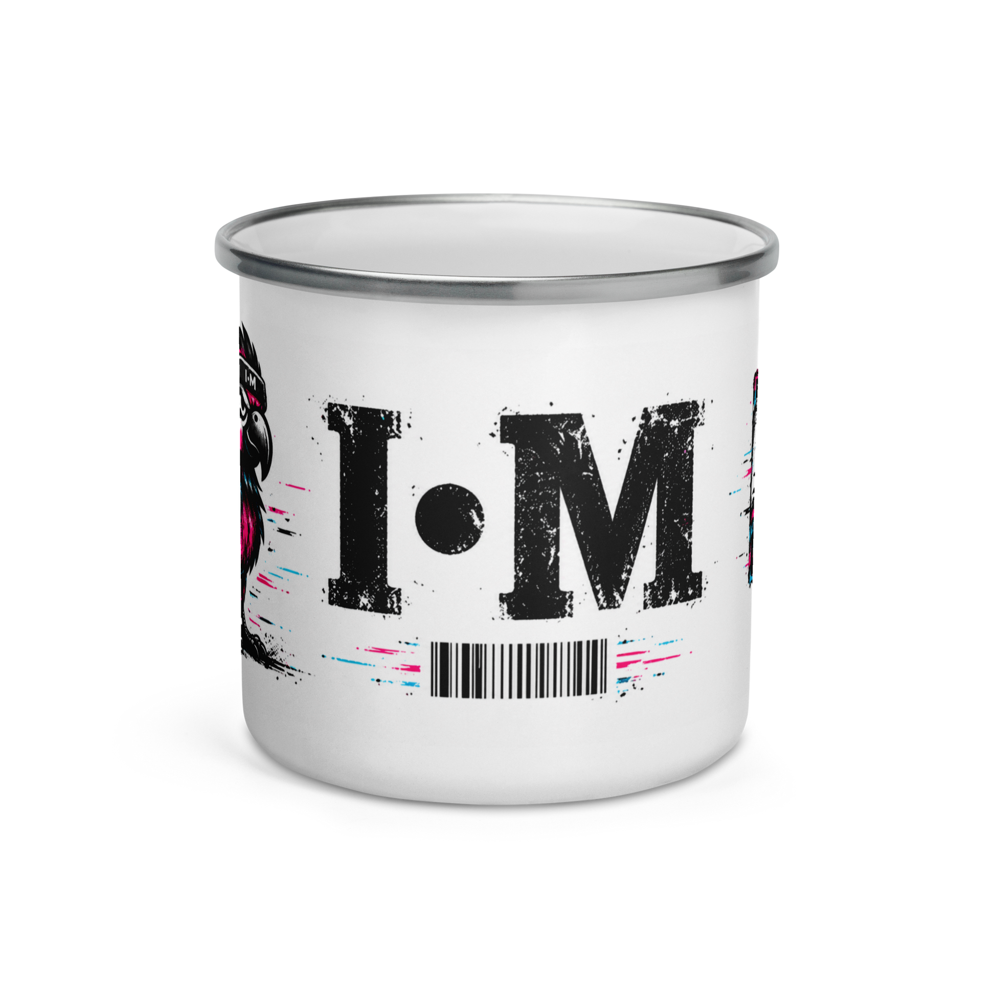 White enamel mug with black text and colorful design on a white background