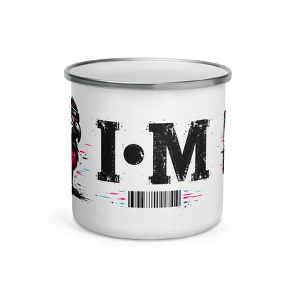 White enamel mug with black text and colorful design on a white background