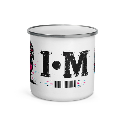 White enamel mug with black text and colorful design on a white background