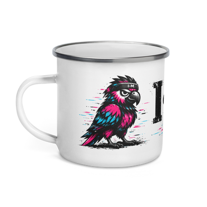 Mug with a colorful parrot design and text on a white background