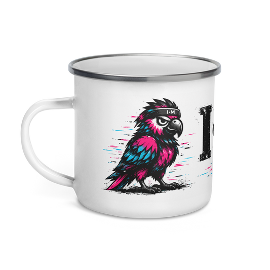 Mug with a colorful parrot design and text on a white background