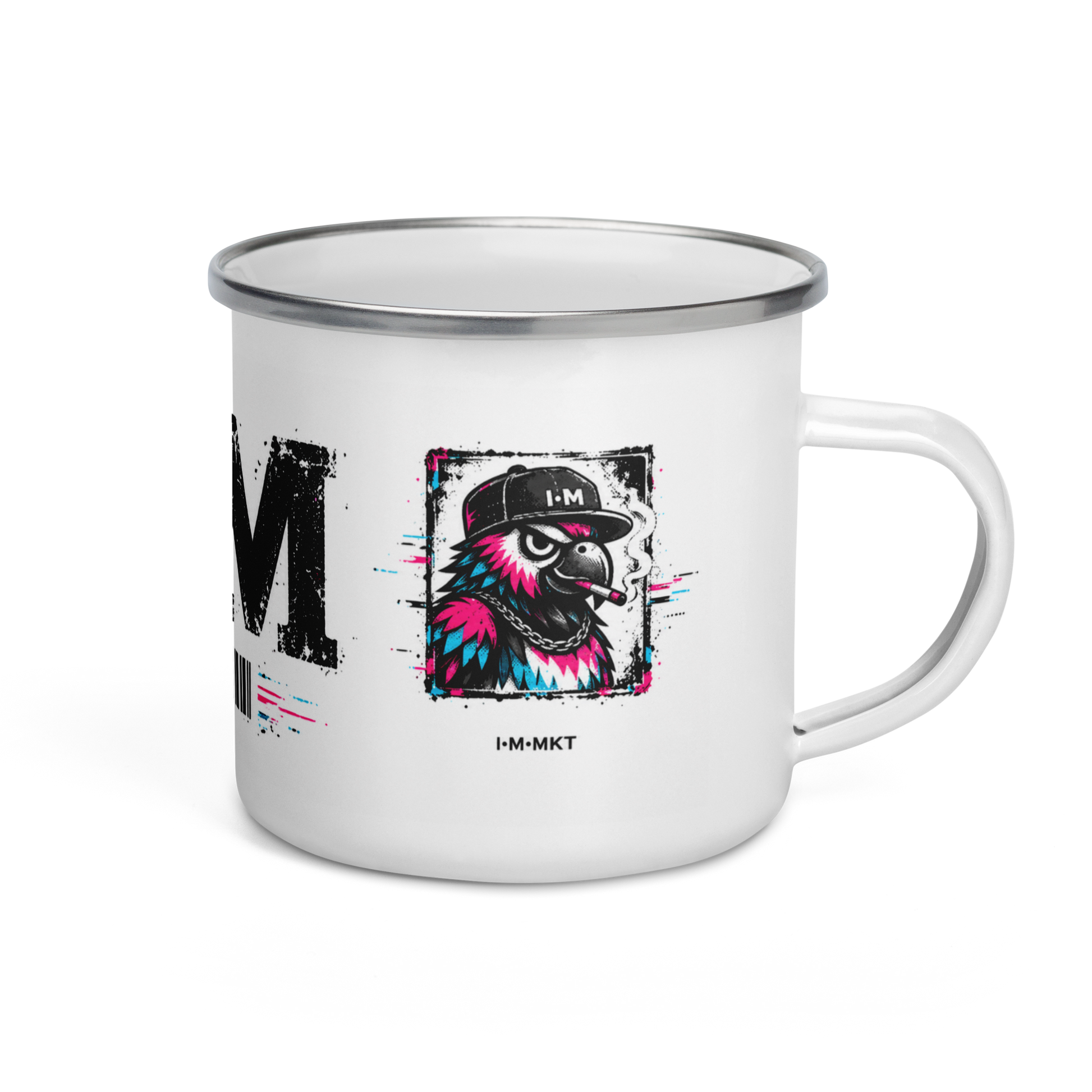 White enamel mug with a colorful graphic design on a white background