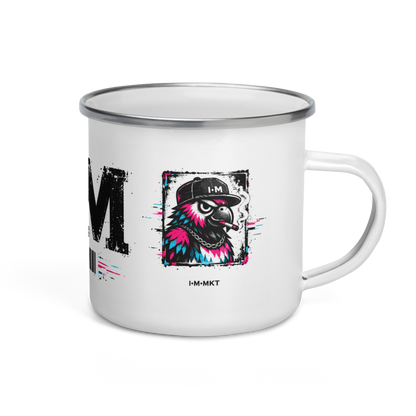 White enamel mug with a colorful graphic design on a white background