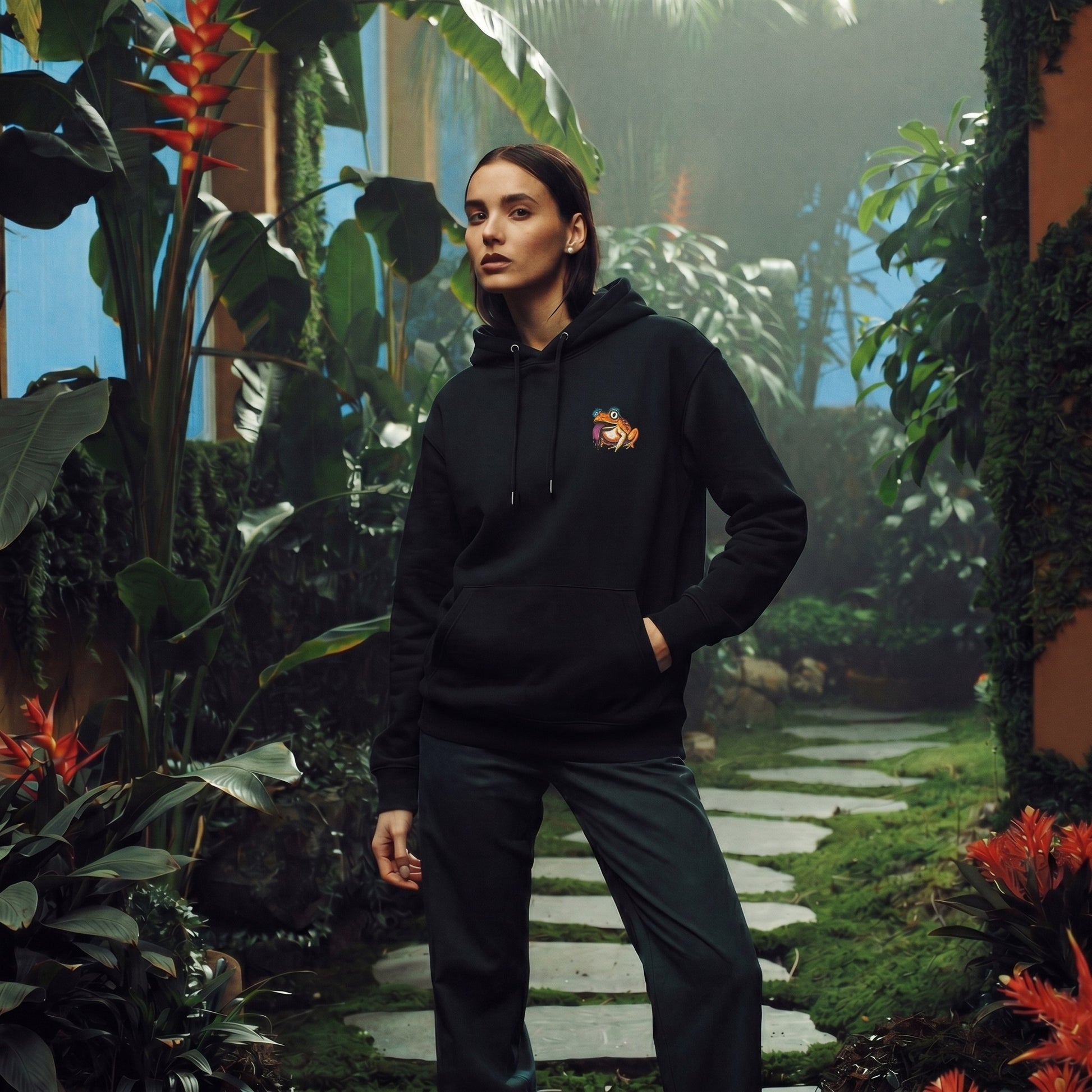 Person wearing a black hoodie with a logo in a tropical garden setting