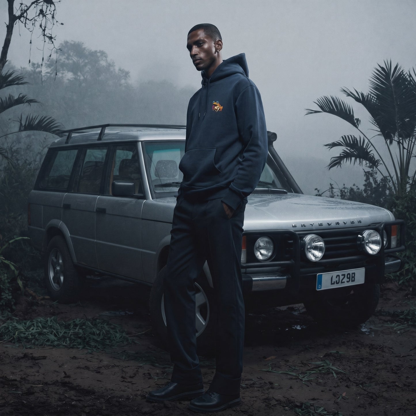 Man in a dark hoodie standing next to a Land Rover in a misty forest setting