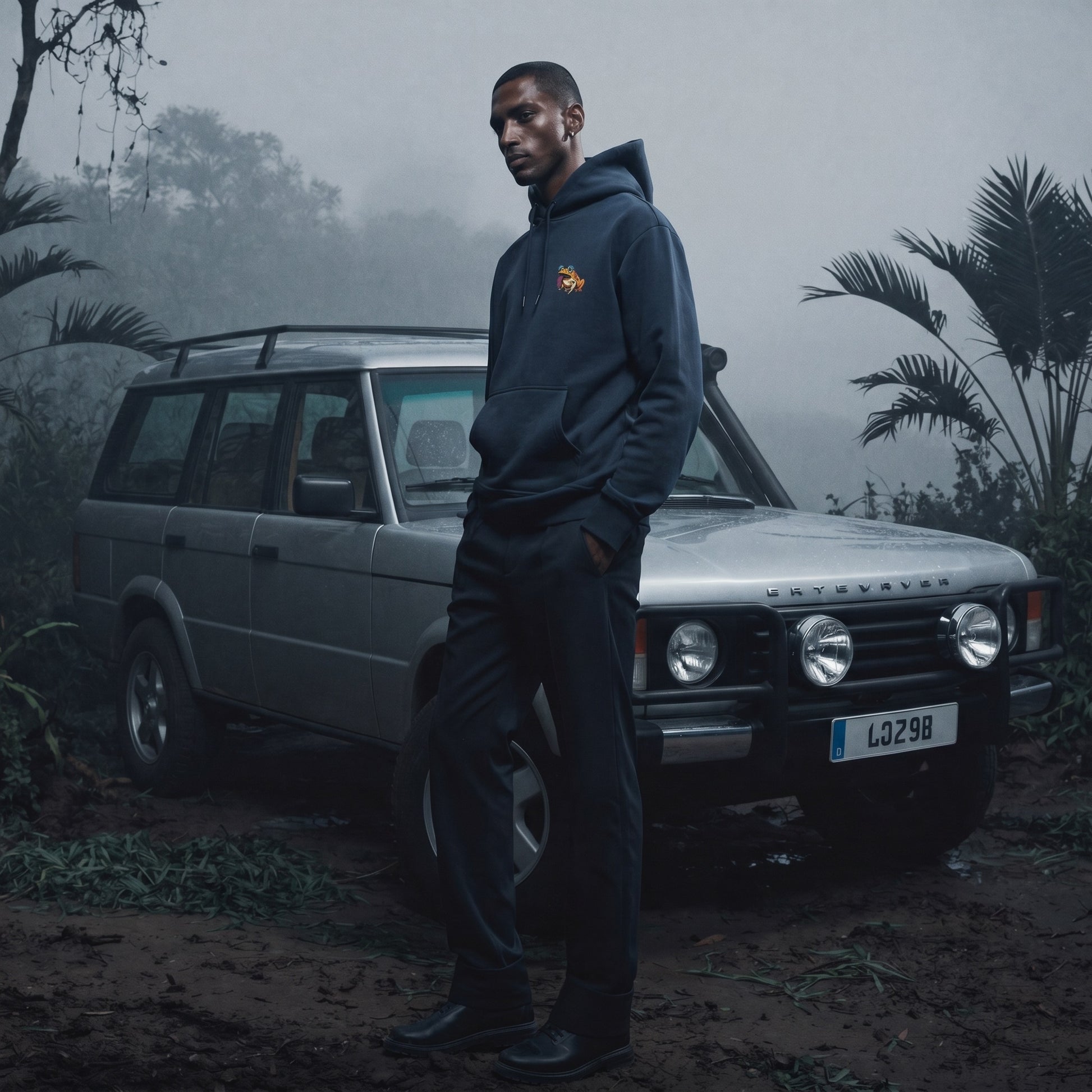 Man in a dark hoodie standing next to a Land Rover in a misty forest setting