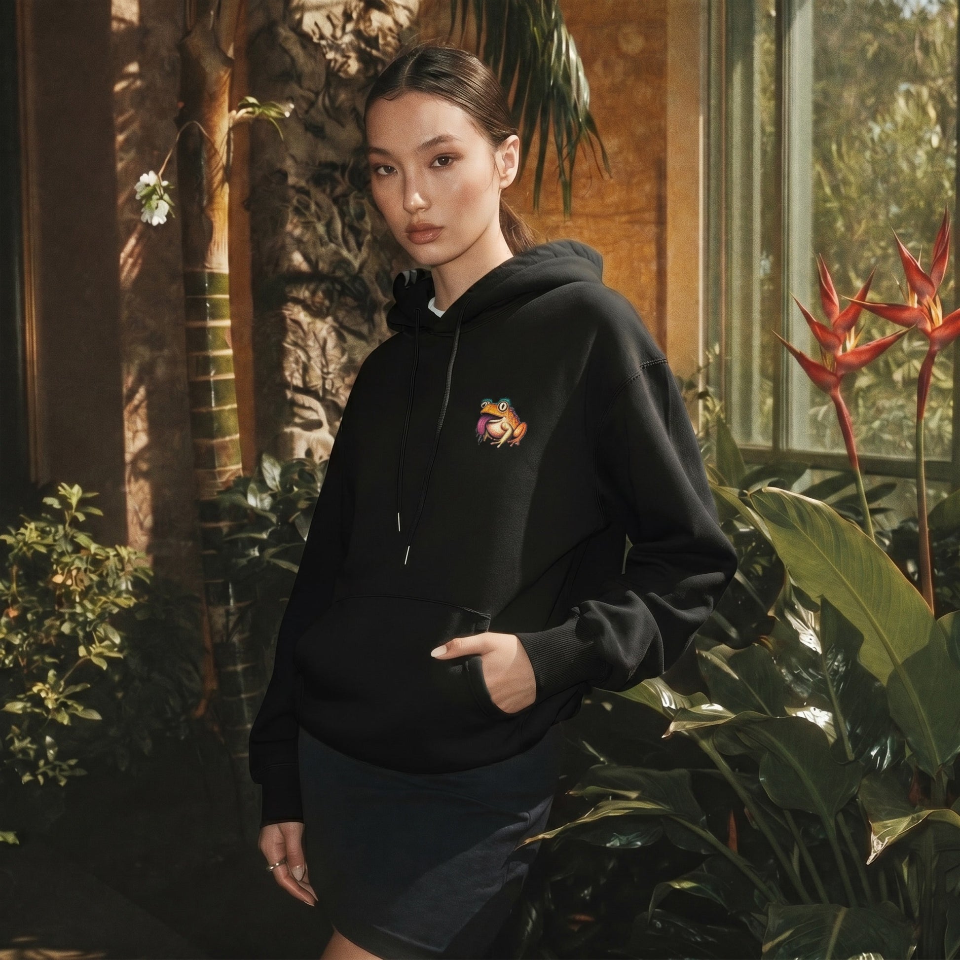 Person wearing a black hoodie with a colorful design in a plant-filled room