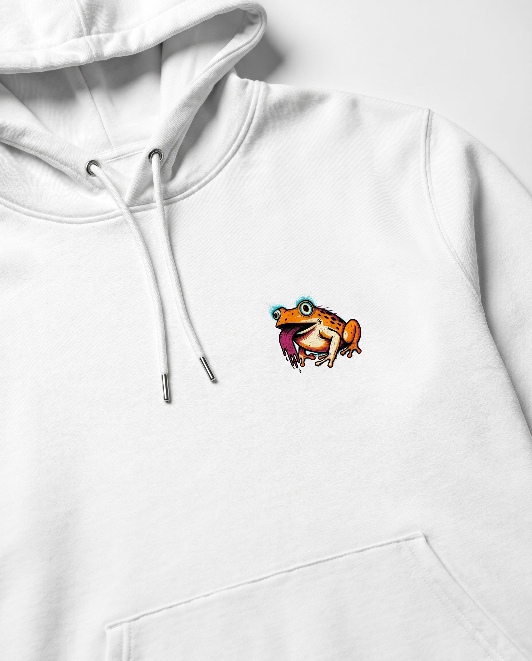 White hoodie with a colorful cartoon frog design on a white background