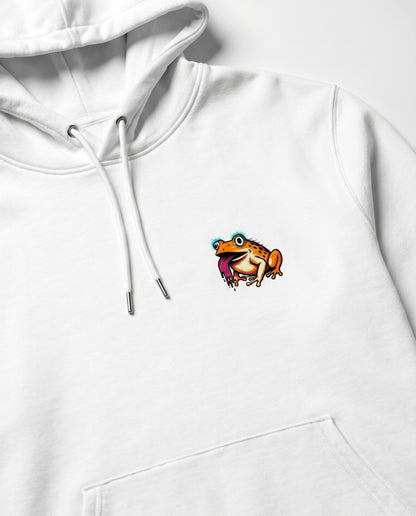 White hoodie with a colorful cartoon frog design on a white background