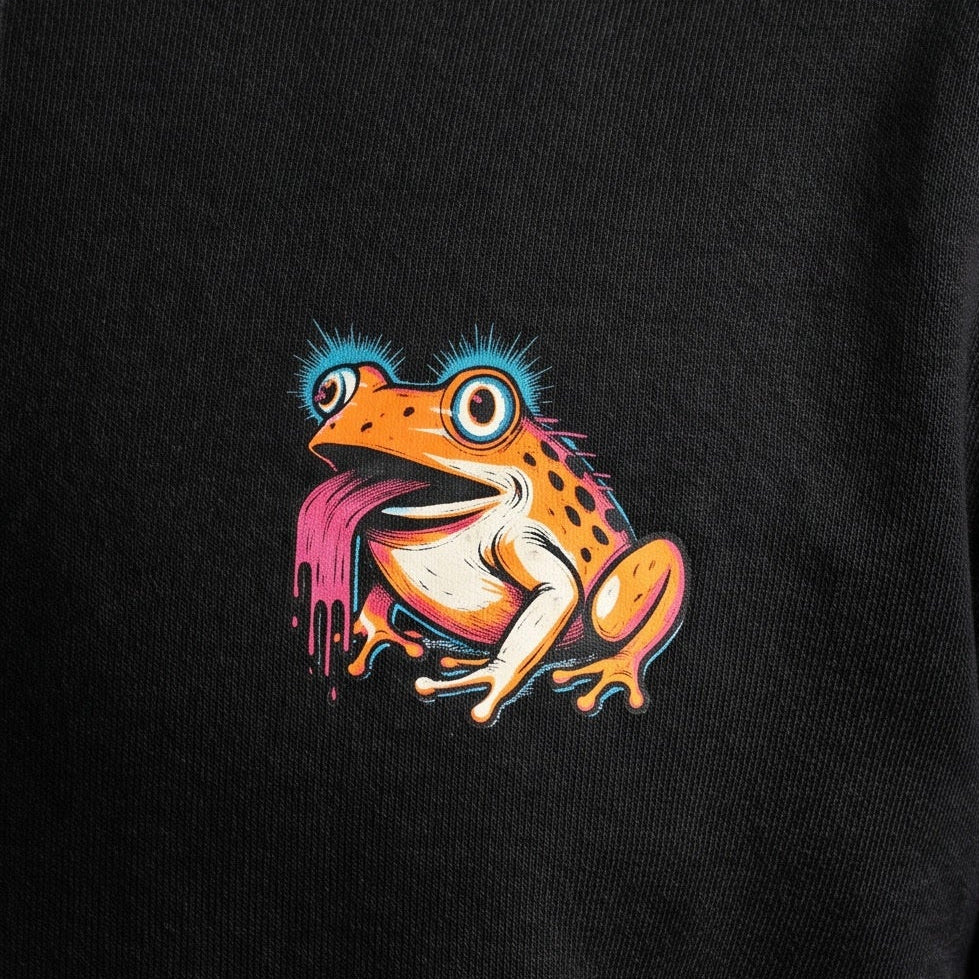 Black hoodie with a colorful frog graphic on the chest against a gray background