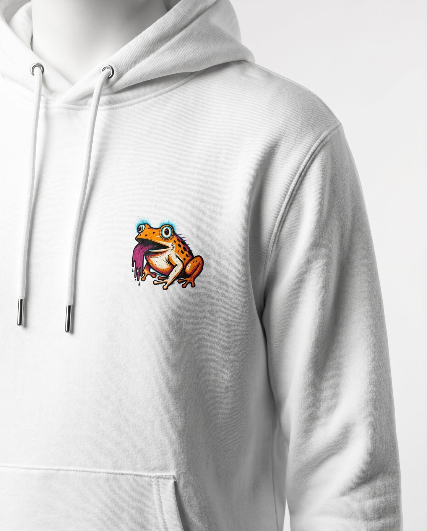 White hoodie with a colorful graphic of a frog on a white background
