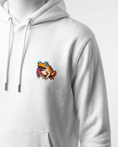 White hoodie with a colorful graphic of a frog on a white background