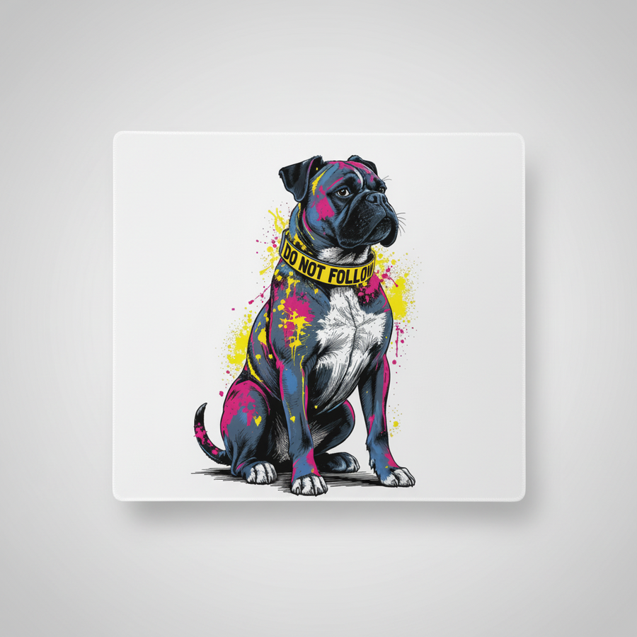 Square white mouse pad with colorful glitch dog illustration, shown front view against a light neutral background.