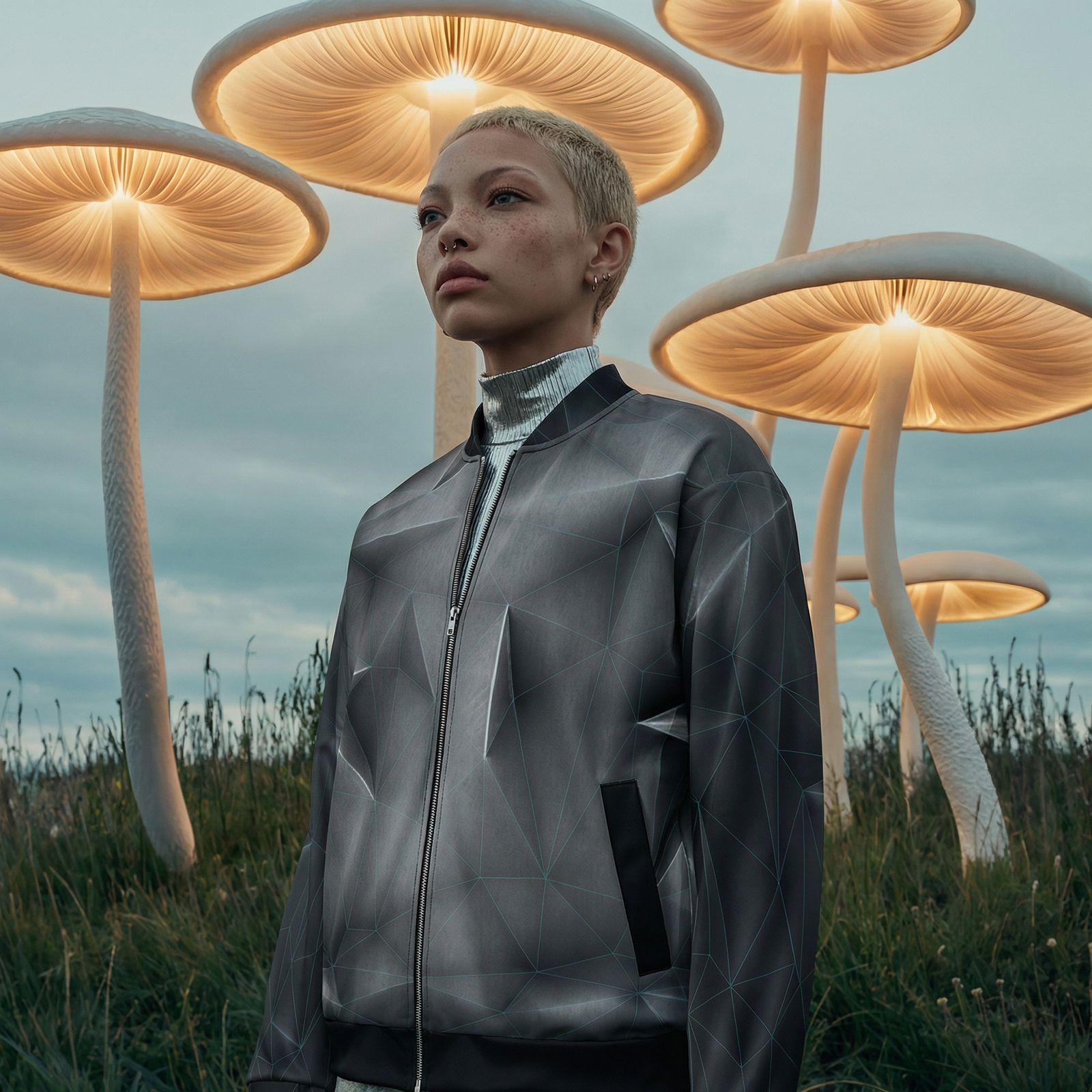 Person wearing aBlue grid 'anso' all-over print bomber jacket with glowing mushroom-like structures in the background