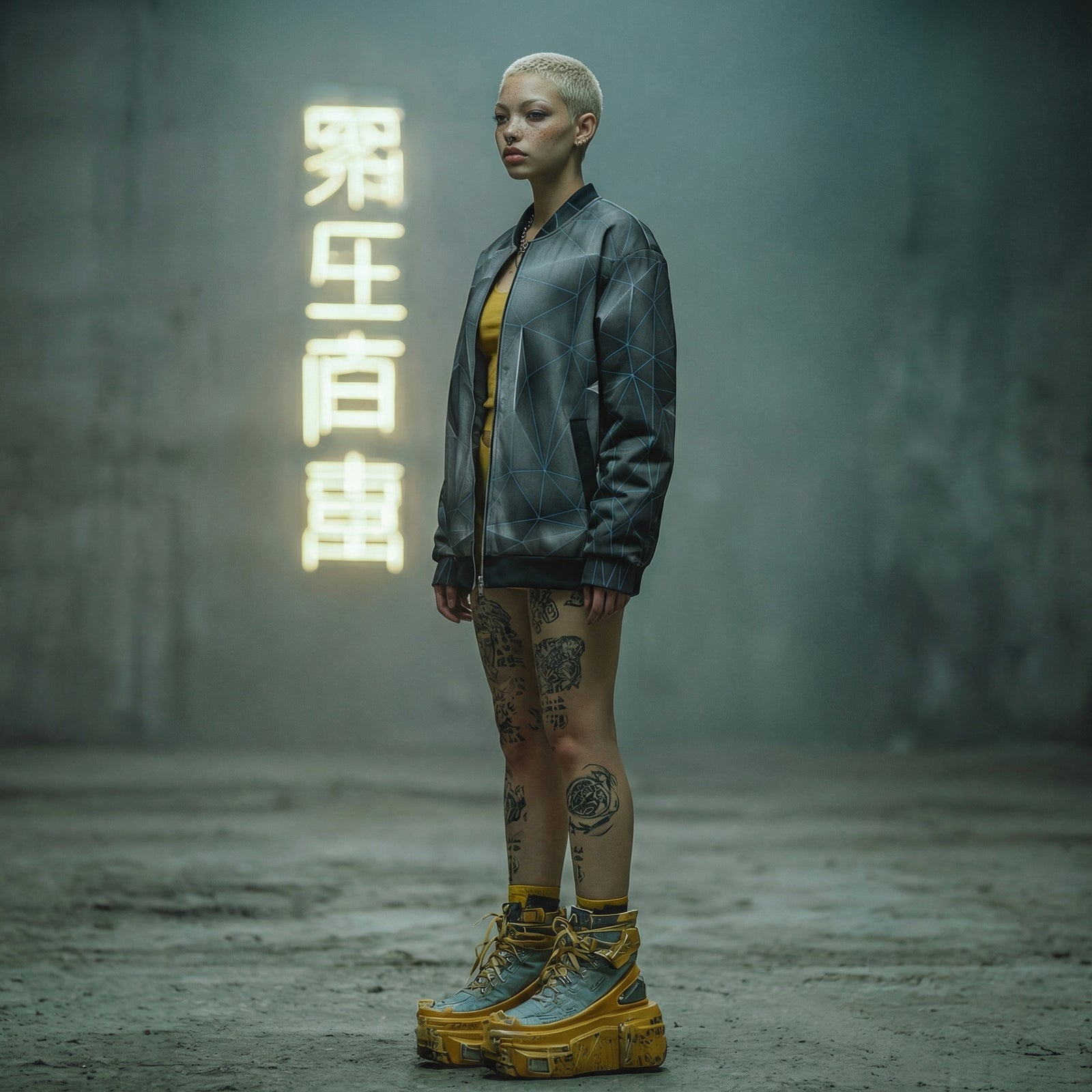 Person wearing the Blue grid 'anso' all-over print bomber jacket and yellow shoes in a foggy, industrial setting with neon text.