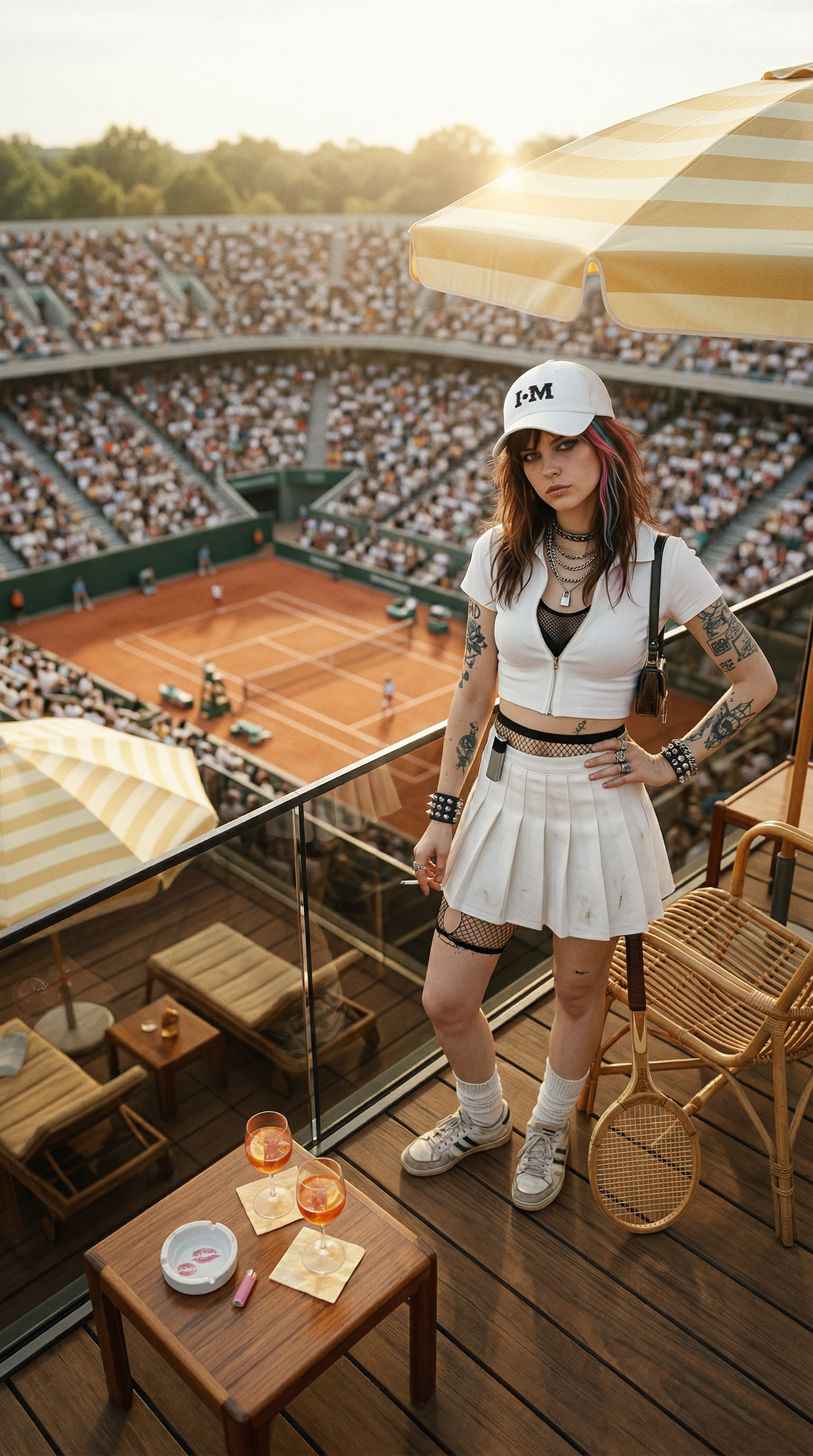 Woman in a tennis outfit standing on a terrace overlooking a tennis court.