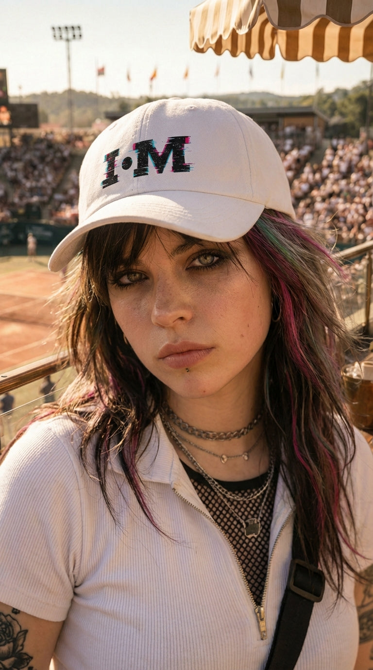 Person wearing a white cap with 'I.M.' text at a concert.