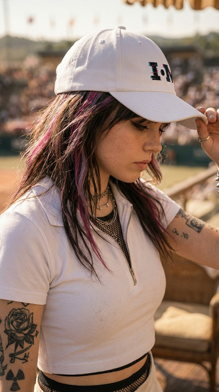 Person wearing a white cap and white shirt with tattoos, sitting outdoors.