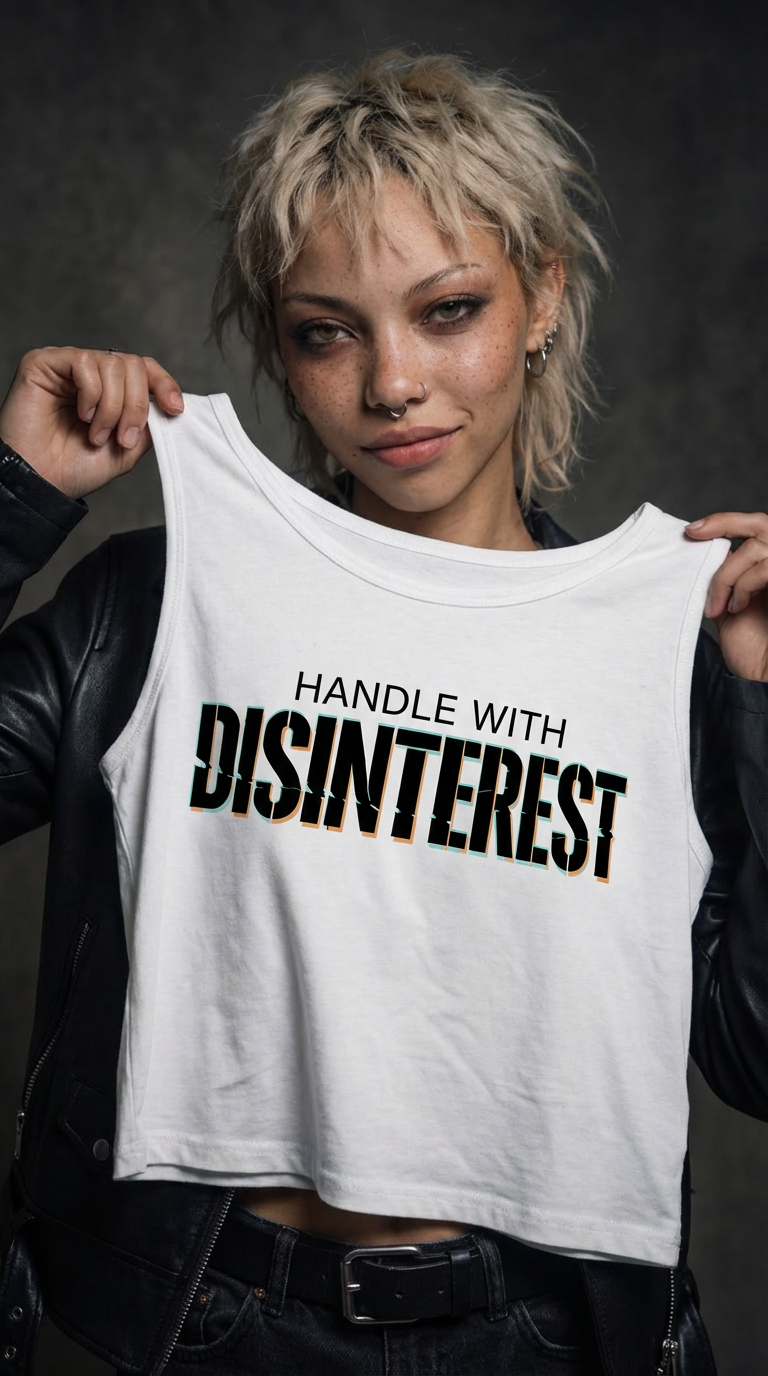 Person holding a white tank top with 'HANDLE WITH DISINTEREST' text against a dark background