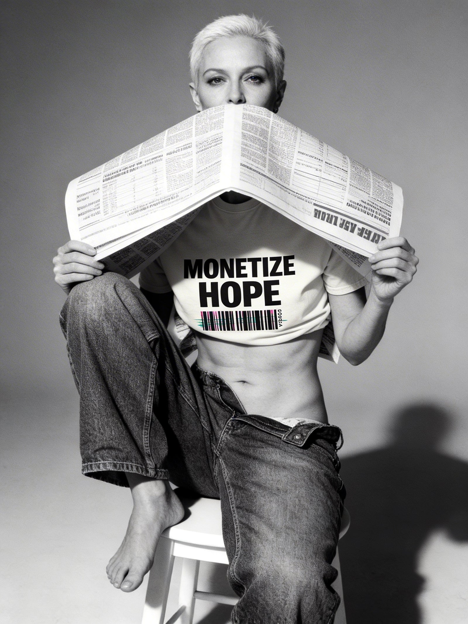Person holding a newspaper over their face with 'Monetize Hope' text on a white background