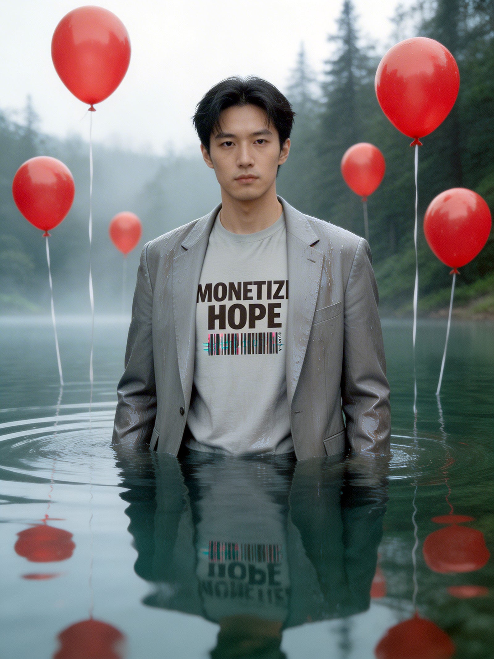 Person standing in water with red balloons and 'MONETIZE HOPE' t-shirt
