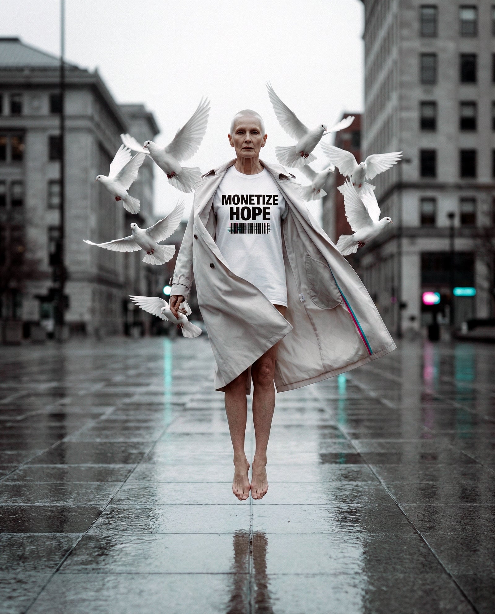 Person in a coat with birds and a t-shirt with 'Monitize Hope' text on a city street.
