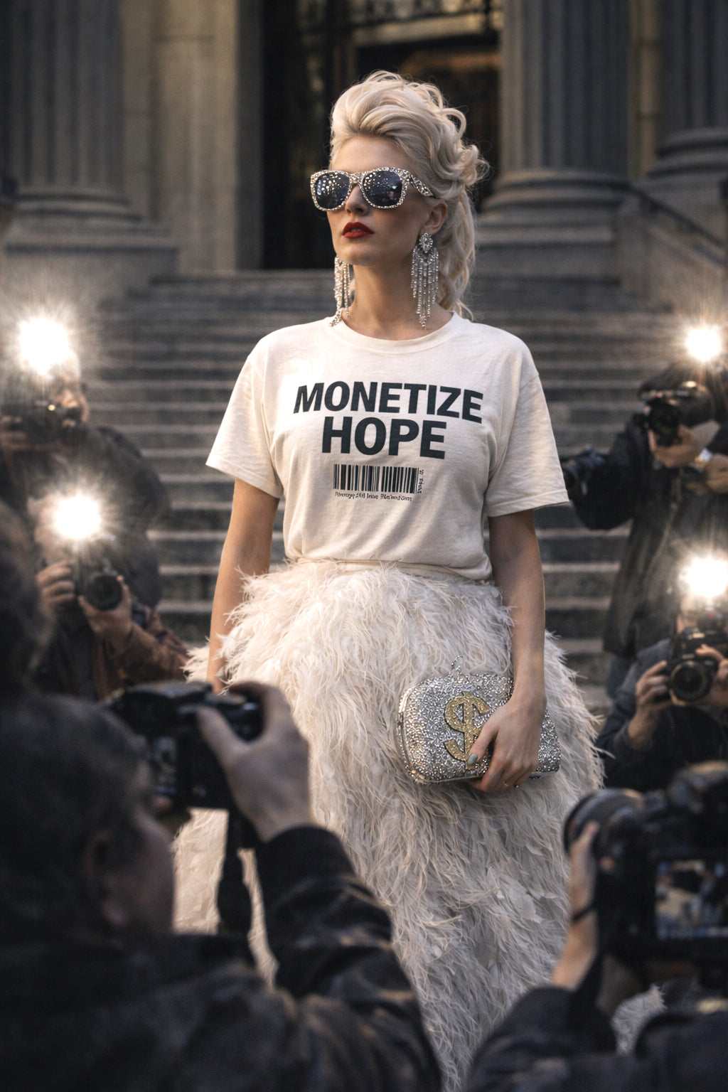 Woman wearing a t-shirt with 'MONETIZE HOPE' on it, surrounded by photographers.