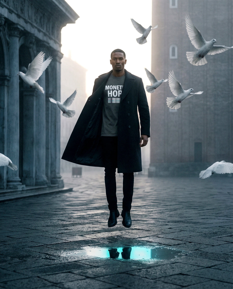 Man walking on a stone path with birds flying around him, wearing a coat and a shirt with text.