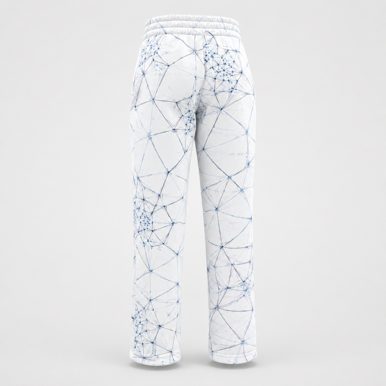 Back view of ANSO printed wide-leg joggers showing continuous geometric surface design.