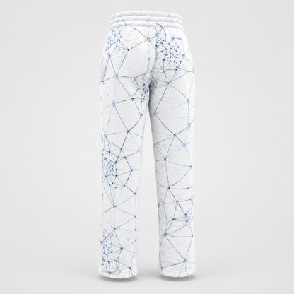 Back view of ANSO printed wide-leg joggers showing continuous geometric surface design.