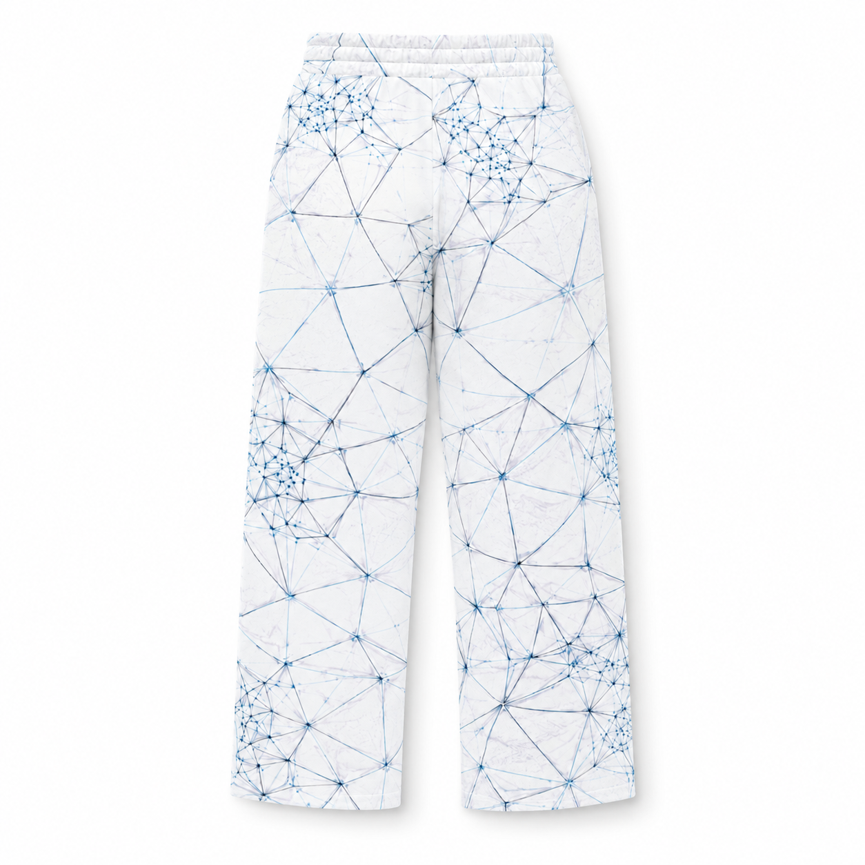 White pants backside view with blue geometric pattern on a white background