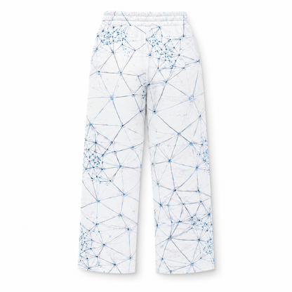 White pants backside view with blue geometric pattern on a white background