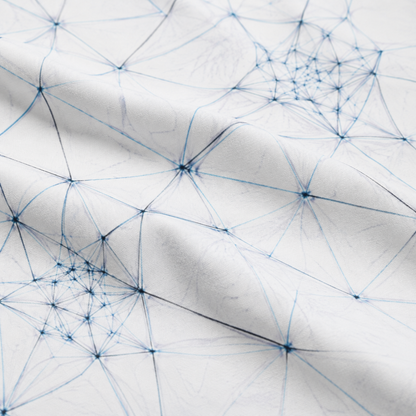 Close-up of pale fabric with blue and black Voronoi-inspired linework and node details.