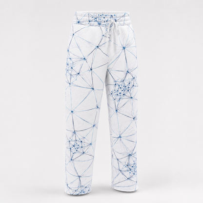 ANSO Wire Field wide-leg joggers with pale geometric all-over mesh print on a neutral background.