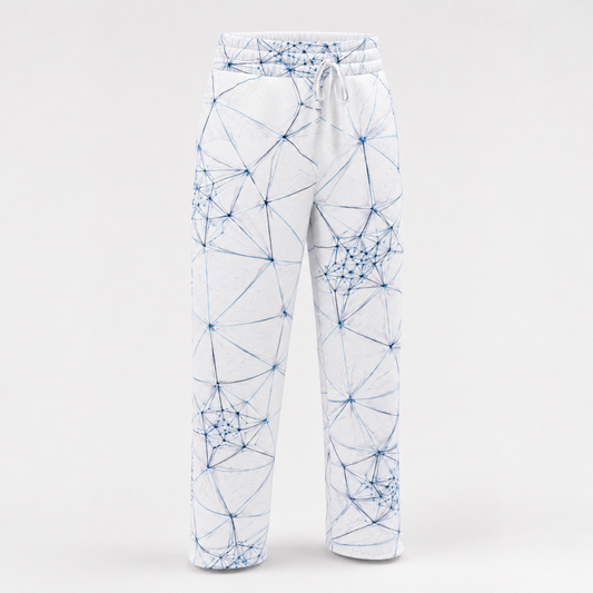 ANSO Wire Field wide-leg joggers with pale geometric all-over mesh print on a neutral background.