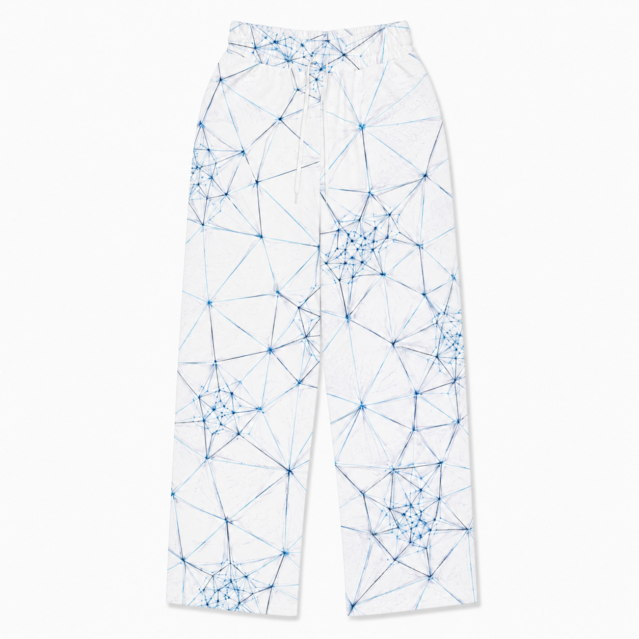 White pants with blue geometric pattern on a white background