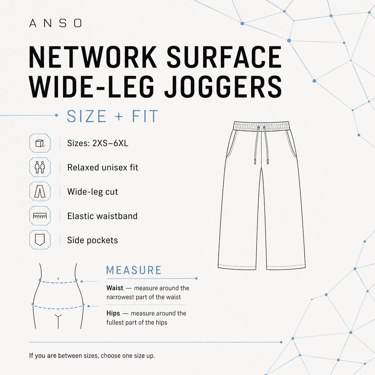 Product description of ANSO Network Surface Wide-Leg Joggers with size and fit information.