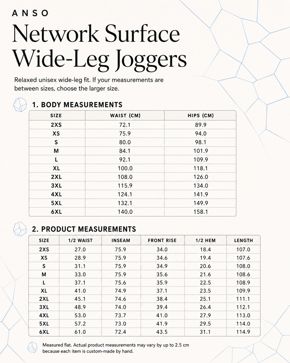 Size chart for ANSO Network Surface Wide-Leg Joggers with body and product measurements.