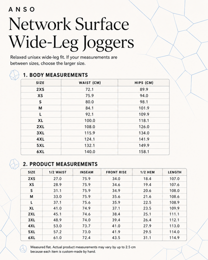 Size chart for ANSO Network Surface Wide-Leg Joggers with body and product measurements.